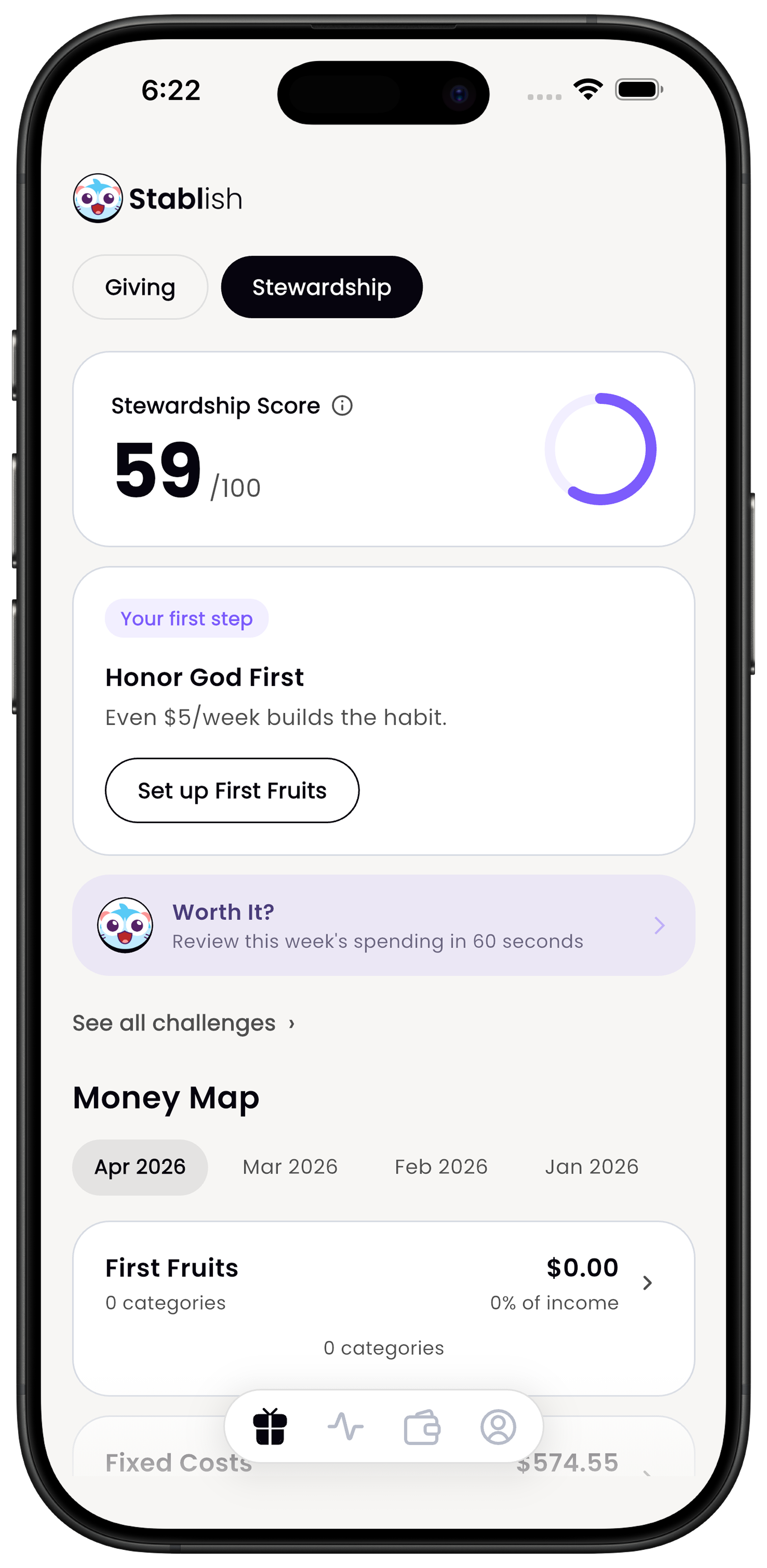 Stablish Stewardship App — Dashboard with Score and First Fruits